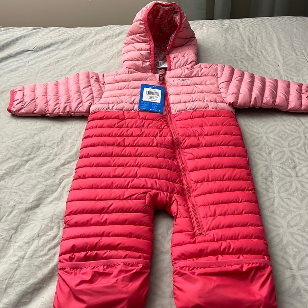 NWT Columbia winter snow suit, pink reversible, 12 - 18 months